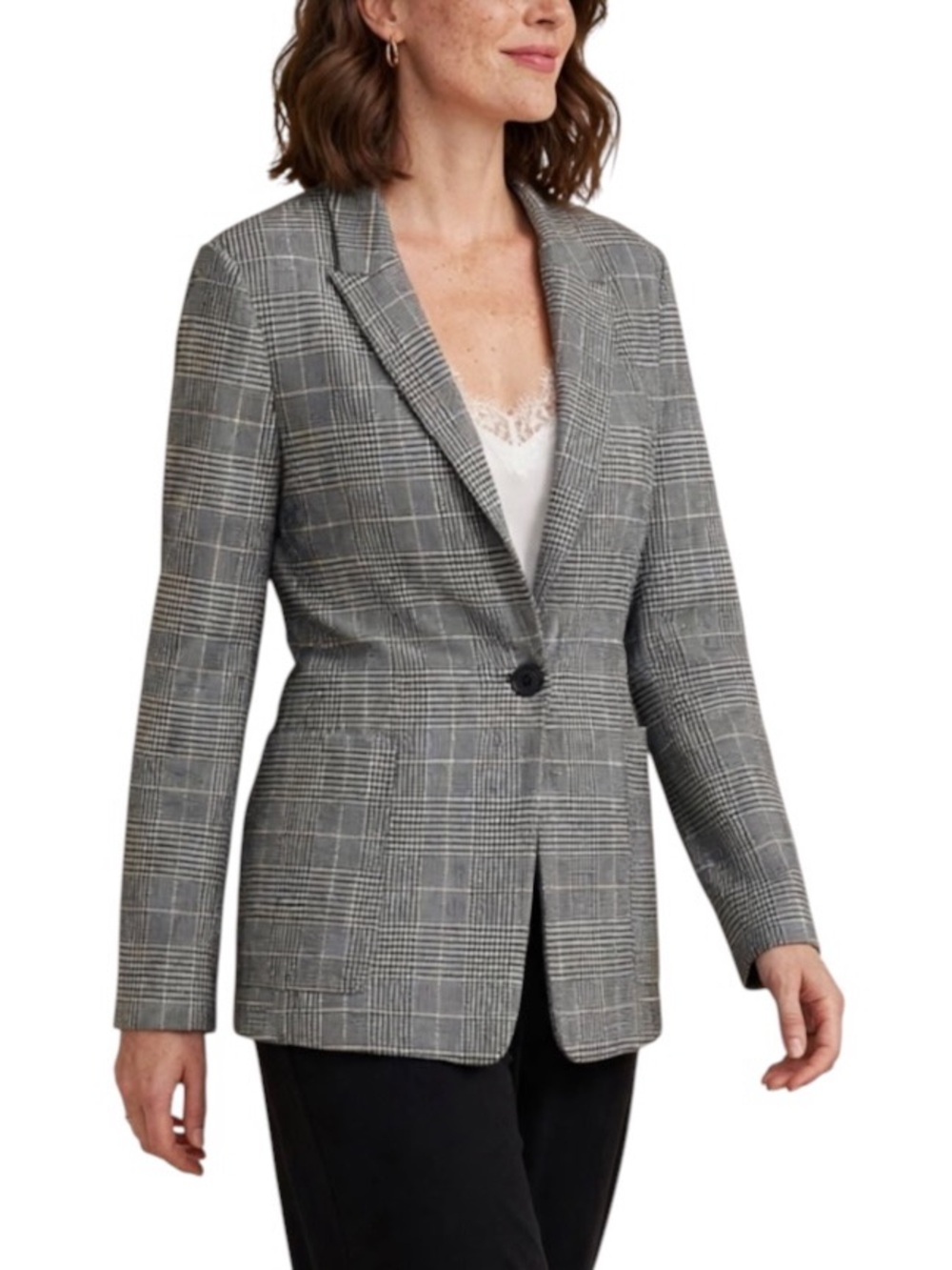 Women's Black White Plaid Single-Button Knit Blazer Jacket Size 12 Large Classic